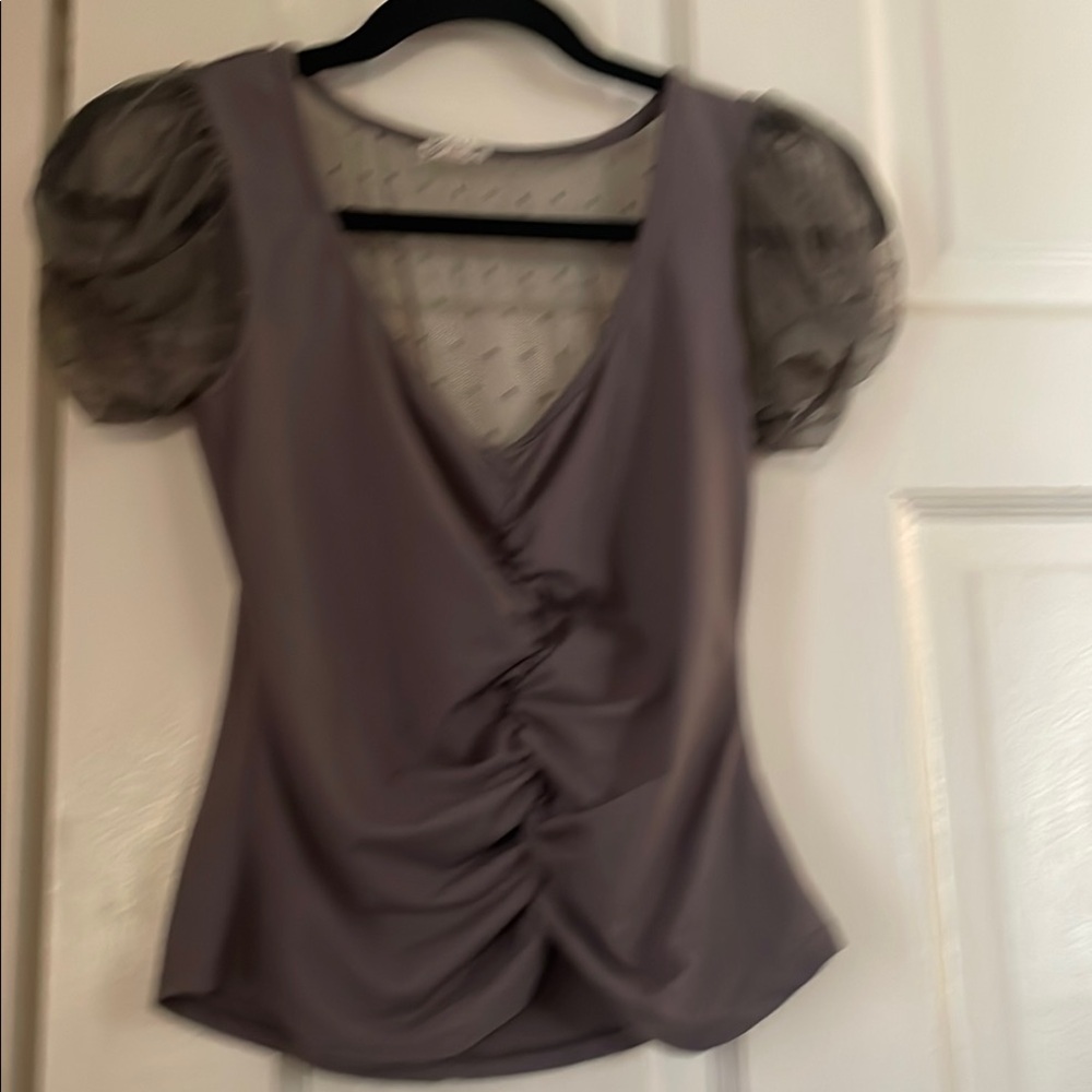 Free People Gray Ruched Puff Sleeve Blouse